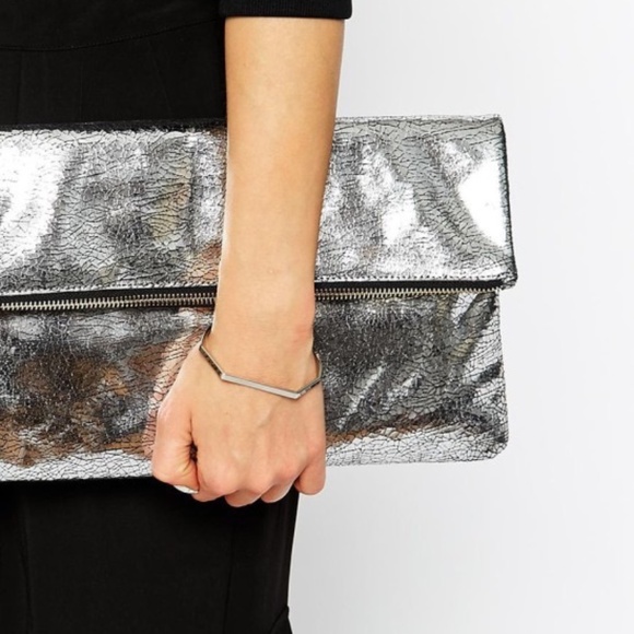 WHISTLES Cracked Leather Fold Over Clutch Silver Metallic - Picture 4 of 5